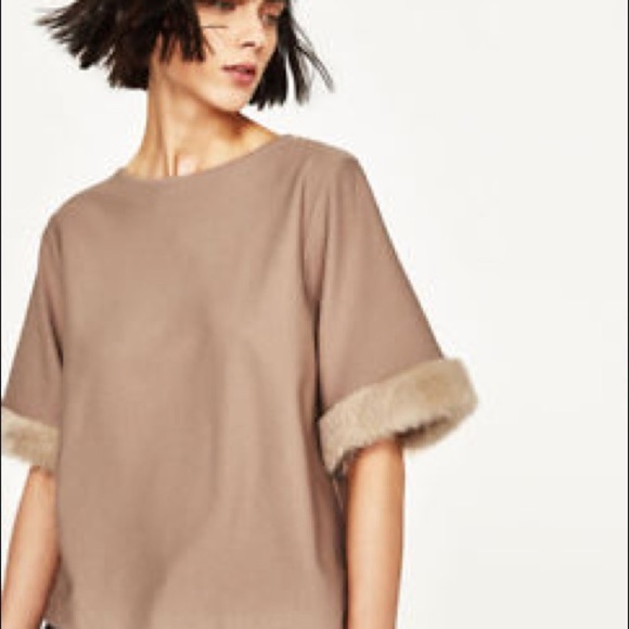 Zara Faux Fur Sleeve Trim Classic Grey Top - Picture 1 of 10